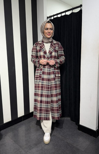 Noİ Ekose Yün Viscon Mix Uzun Blazer Ceket BORDO - 3