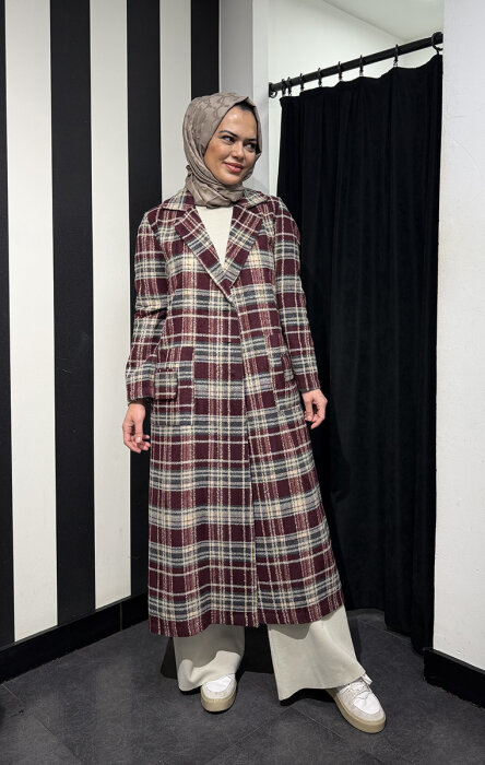 Noİ Ekose Yün Viscon Mix Uzun Blazer Ceket BORDO - 4