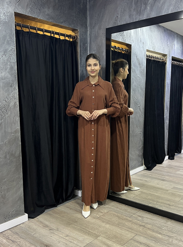Noi En Boy Çizgili Viscone Cotton Gömlek Elbise KAHVERENGİ 