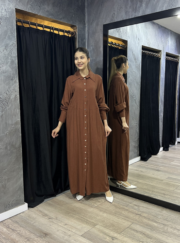 Noi En Boy Çizgili Viscone Cotton Gömlek Elbise KAHVERENGİ - 2