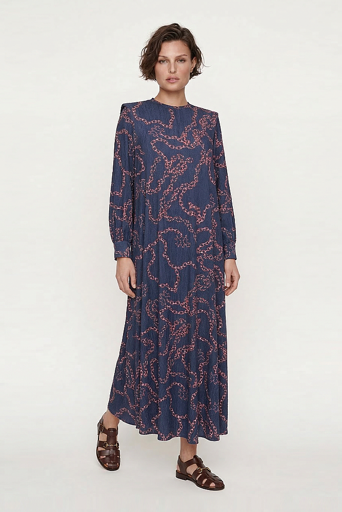 Noİ Fitilli Jakar Noi Logolu Zincir Desenli Elbise LACİVERT - 2