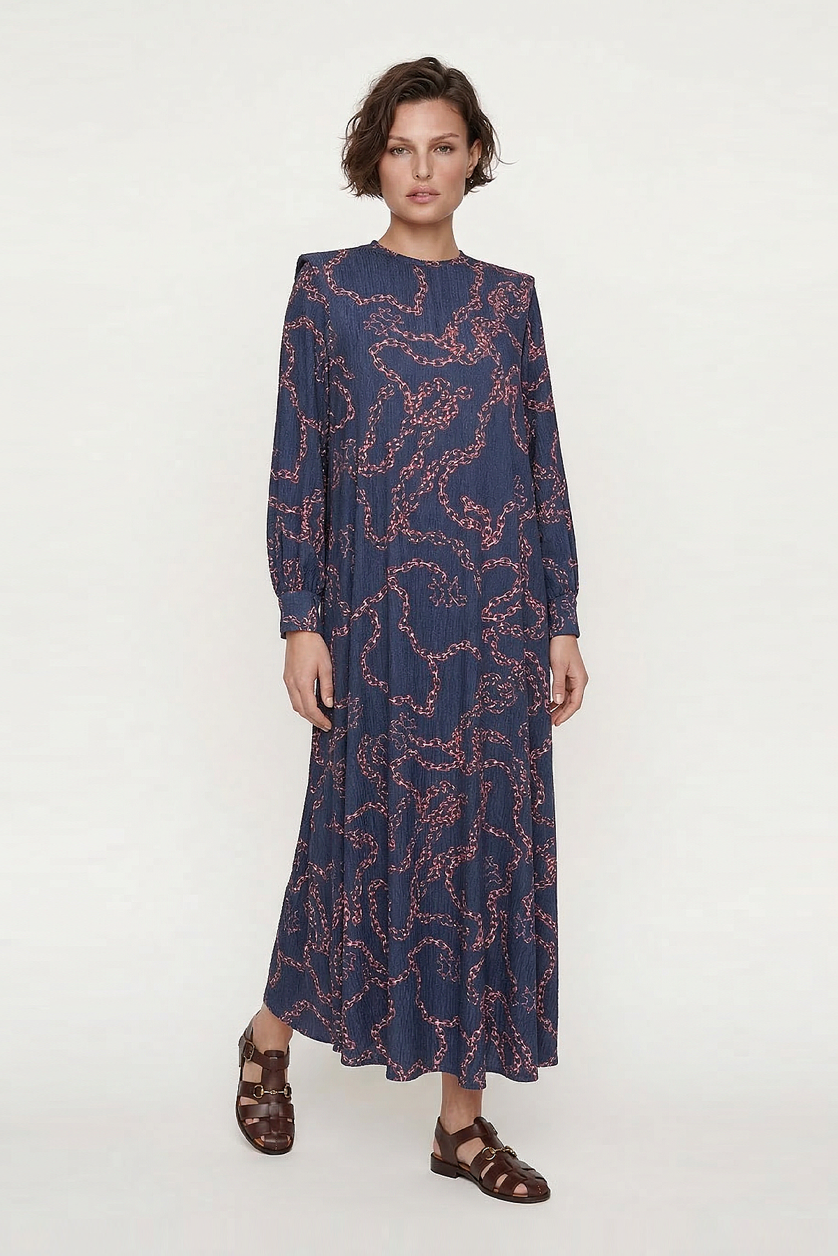 Noİ Fitilli Jakar Noi Logolu Zincir Desenli Elbise LACİVERT - 2