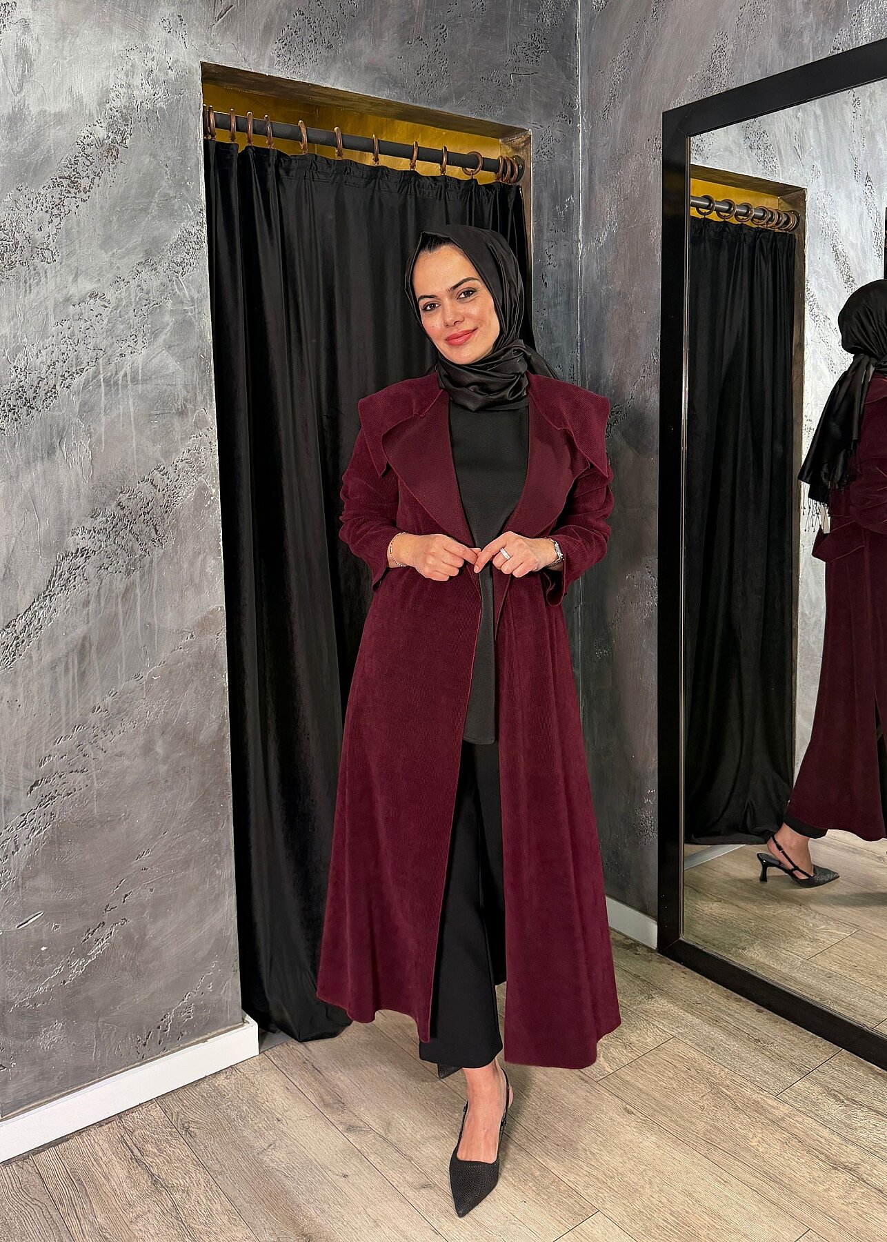 Noi Fitilli Kadife Arkası Kemerli Ceket BORDO - 2
