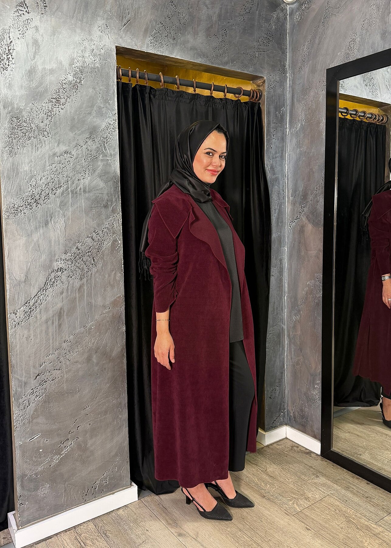 Noi Fitilli Kadife Arkası Kemerli Ceket BORDO - 4