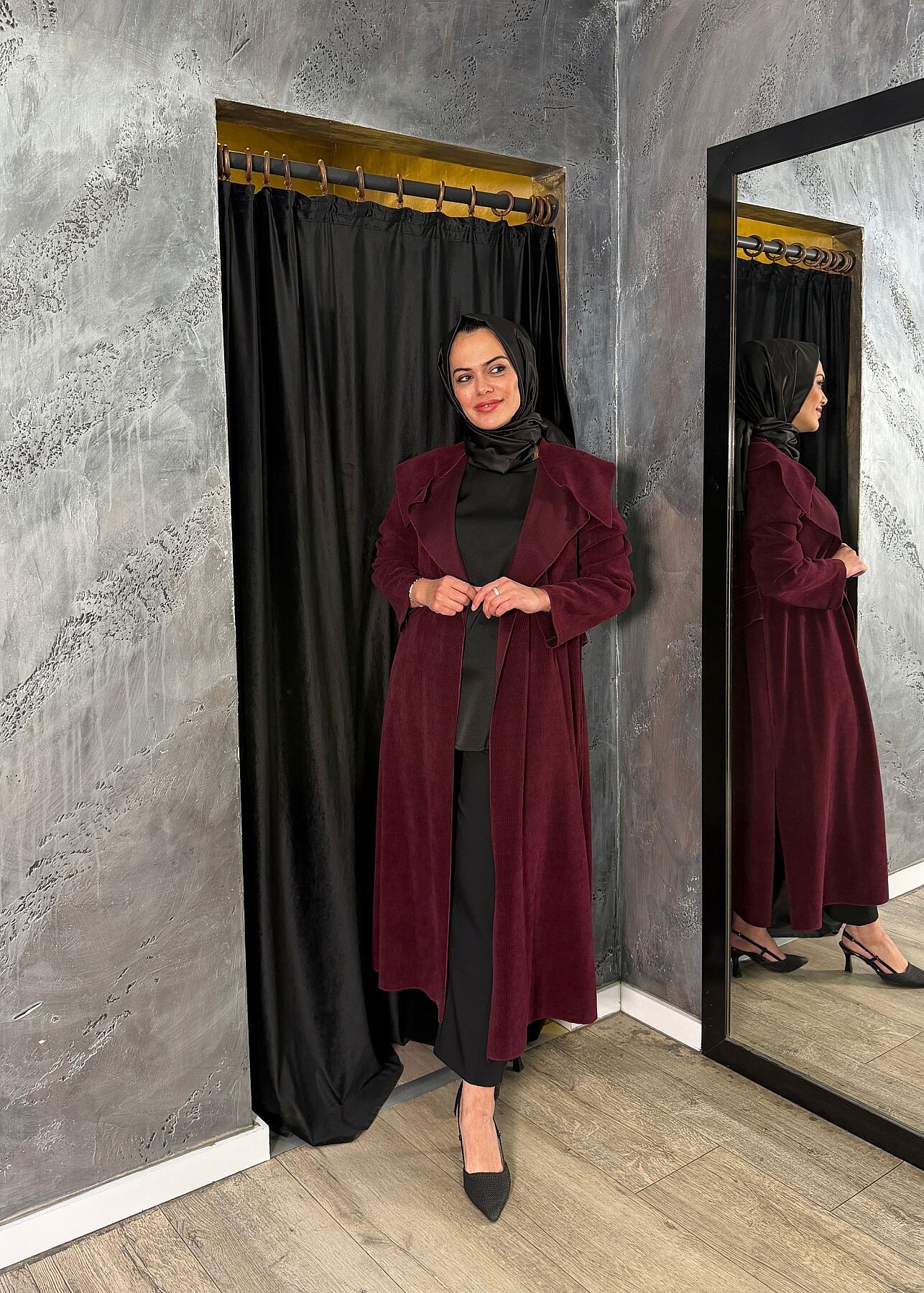 Noi Fitilli Kadife Arkası Kemerli Ceket BORDO - 6