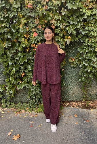 Noi Fitilli Melanj Triko Bol Paça Pantolon BORDO - NOİ