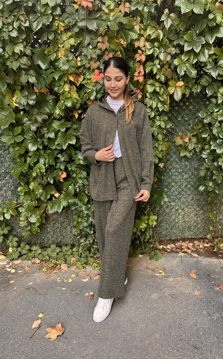 Noi Fitilli Melanj Triko Kapşonlu Hırka HAKİ - 3