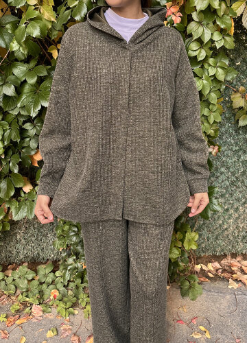 Noi Fitilli Melanj Triko Kapşonlu Hırka HAKİ - 4