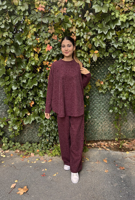 Noi Fitilli Melanj Triko Yarasa Kol Bluz BORDO - 1