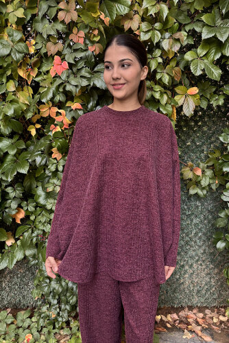 Noi Fitilli Melanj Triko Yarasa Kol Bluz BORDO - 4