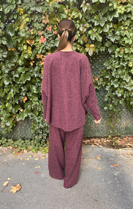 Noi Fitilli Melanj Triko Yarasa Kol Bluz BORDO - 5