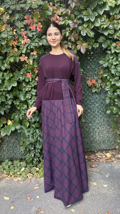 Noi İnce Modal Bluzlu Balon Ekose Etekli Elbise MÜRDÜM - 1