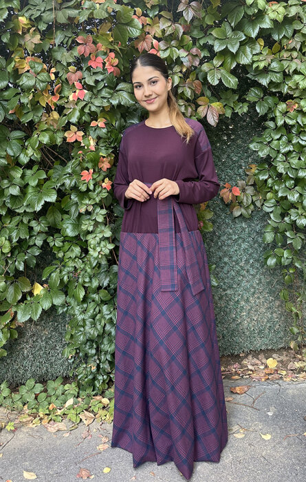 Noi İnce Modal Bluzlu Balon Ekose Etekli Elbise MÜRDÜM - 2