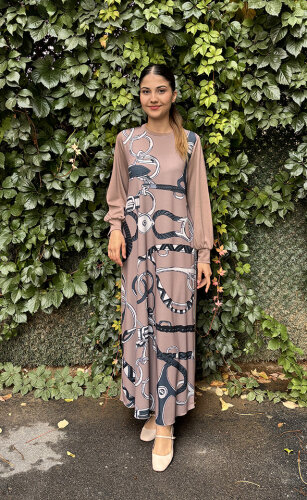 Noi İnce Modal Ön Büyük El Çizimi Rain Desenli Elbise VİZON - NOİ