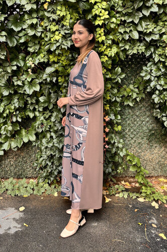 Noi İnce Modal Ön Büyük El Çizimi Rain Desenli Elbise VİZON - 3