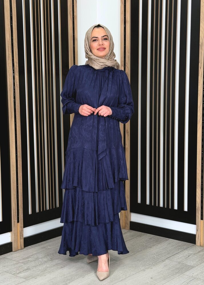 Noİ Jakar Viscon Üçkatlı Volanlı Fularlı Elbise LACİVERT 
