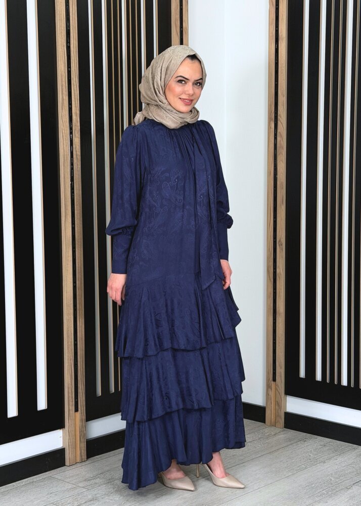 Noİ Jakar Viscon Üçkatlı Volanlı Fularlı Elbise LACİVERT - 2