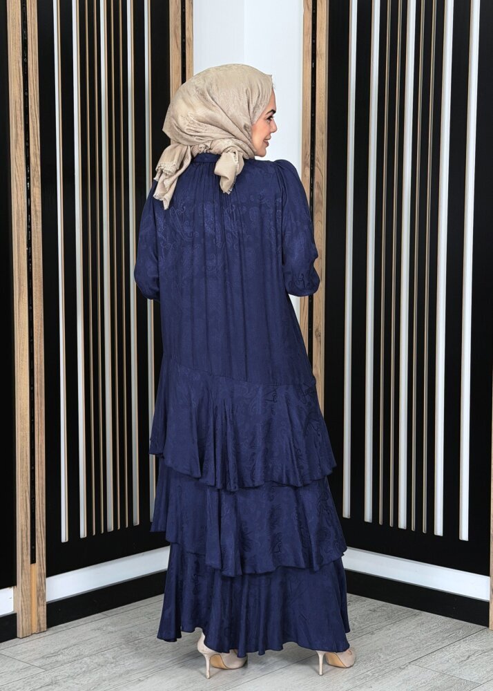 Noİ Jakar Viscon Üçkatlı Volanlı Fularlı Elbise LACİVERT - 4