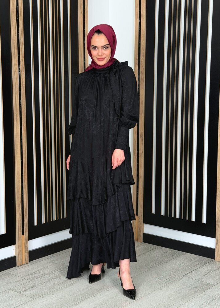 Noİ Jakar Viscon Üçkatlı Volanlı Fularlı Elbise SİYAH - 2