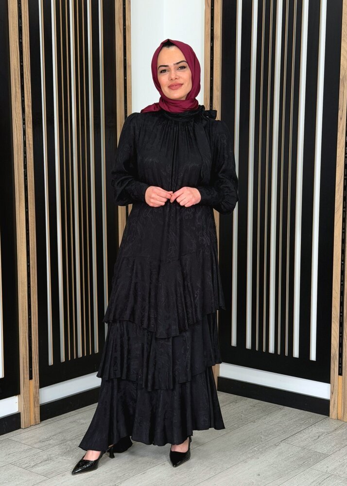 Noİ Jakar Viscon Üçkatlı Volanlı Fularlı Elbise SİYAH - 3