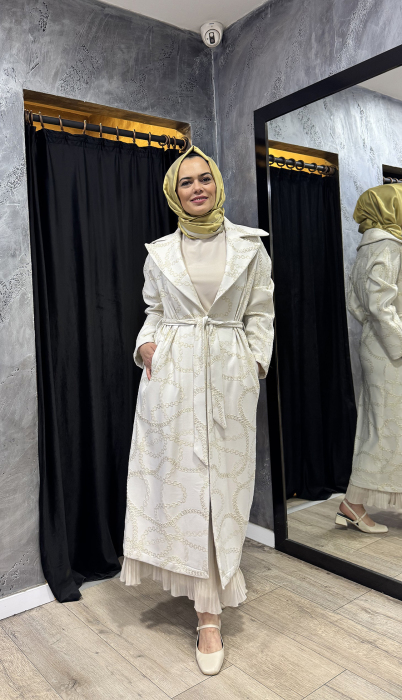 Noi Jakar Zincirli Cotton Mix Kemerli Uzun Ceket KREM - 1