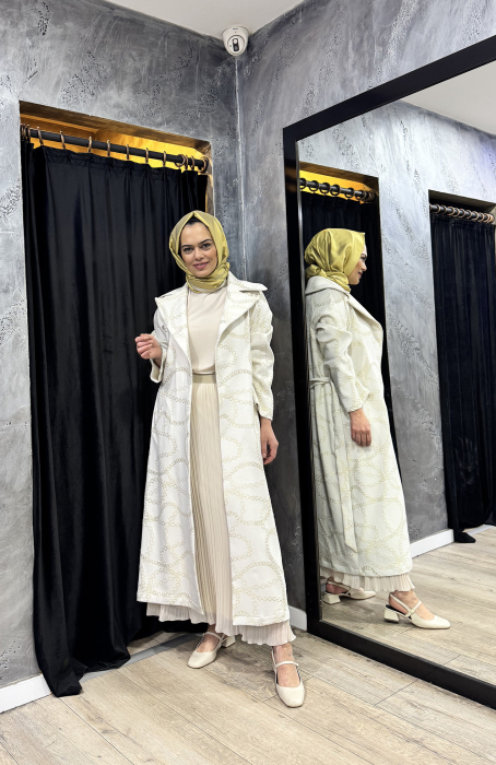 Noi Jakar Zincirli Cotton Mix Kemerli Uzun Ceket KREM - 3