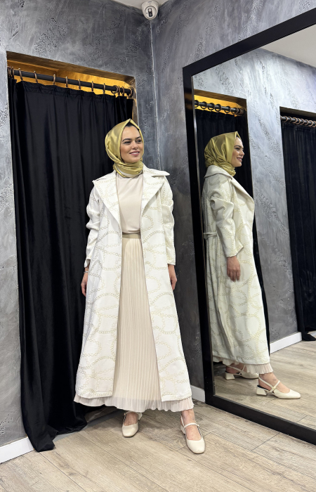 Noi Jakar Zincirli Cotton Mix Kemerli Uzun Ceket KREM - 2