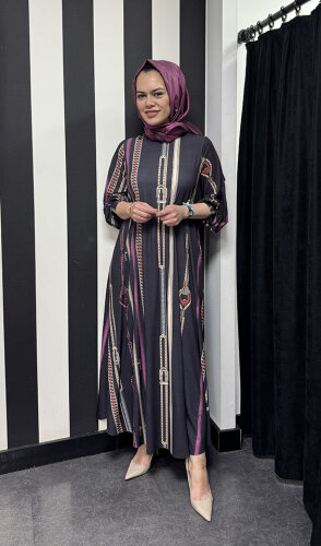 Noi Jarse Boyuna Kemer Zincirli Desenli A Form Elbise SİYAH - 1