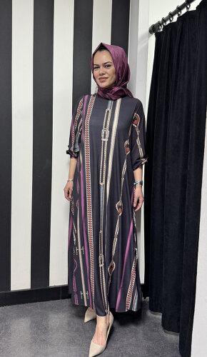 Noi Jarse Boyuna Kemer Zincirli Desenli A Form Elbise SİYAH - 2