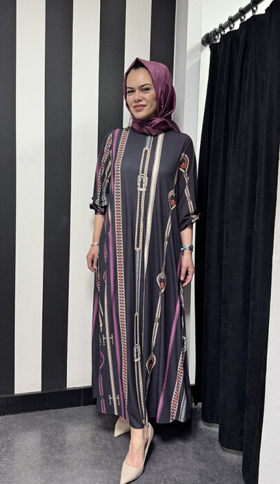 Noi Jarse Boyuna Kemer Zincirli Desenli A Form Elbise SİYAH - 2