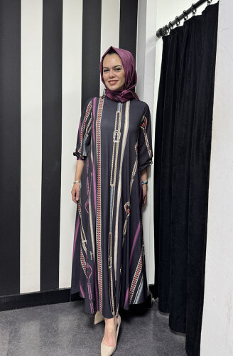 Noi Jarse Boyuna Kemer Zincirli Desenli A Form Elbise SİYAH - 3