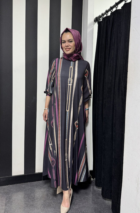 Noi Jarse Boyuna Kemer Zincirli Desenli A Form Elbise SİYAH - 3