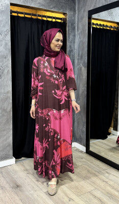 Noi Jarse Gövdeli Palmiye Desenli A forum Elbise BORDO - 1