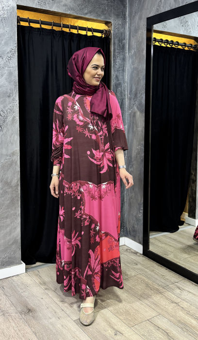 Noi Jarse Gövdeli Palmiye Desenli A forum Elbise BORDO - 1