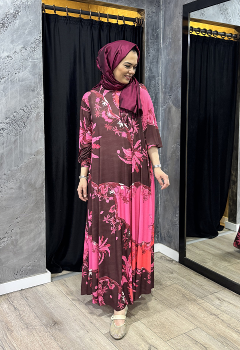 Noi Jarse Gövdeli Palmiye Desenli A forum Elbise BORDO - 2