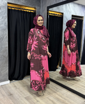 Noi Jarse Gövdeli Palmiye Desenli A forum Elbise BORDO - 3