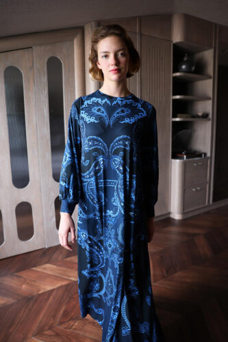 Noi Jarse Herritage Şal Desenli A Form Elbise İNDİGO - NOİ