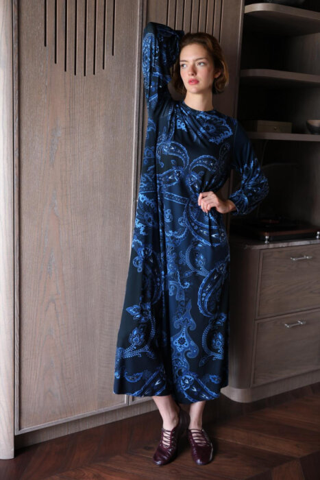 Noi Jarse Herritage Şal Desenli A Form Elbise İNDİGO - 2