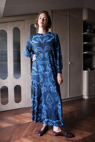 Noi Jarse Herritage Şal Desenli A Form Elbise İNDİGO - 3