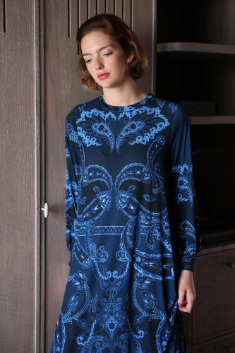 Noi Jarse Herritage Şal Desenli A Form Elbise İNDİGO - 4