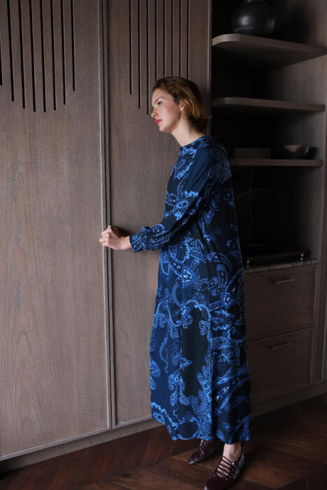 Noi Jarse Herritage Şal Desenli A Form Elbise İNDİGO - 5