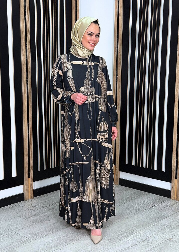 Noi Jarse Püskül Halat Desenli A Form Elbise SİYAH