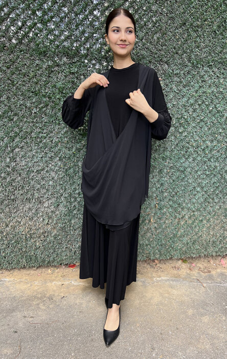 Noi Jarse Şifon Yelekli Elbise SİYAH - 1