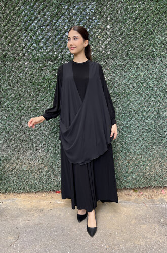 Noi Jarse Şifon Yelekli Elbise SİYAH - 3