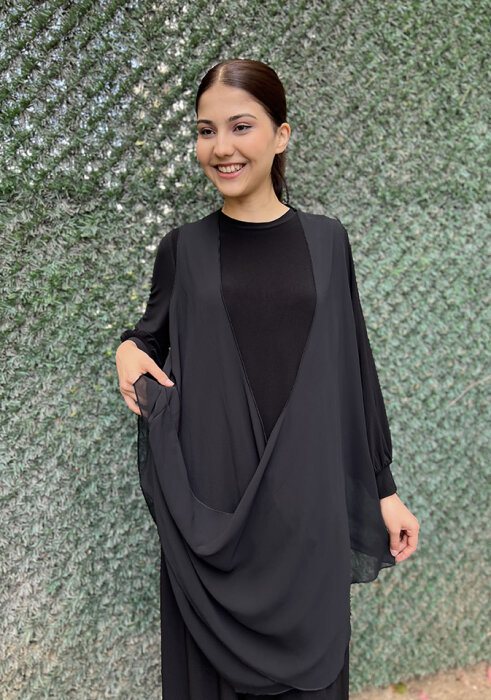 Noi Jarse Şifon Yelekli Elbise SİYAH - 5