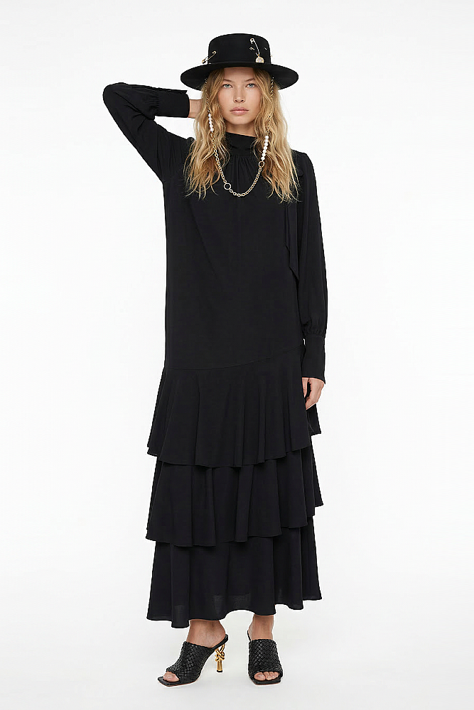 Noi Jarse Yakadan Bağlı Uc Kat Volanlı Elbise SİYAH