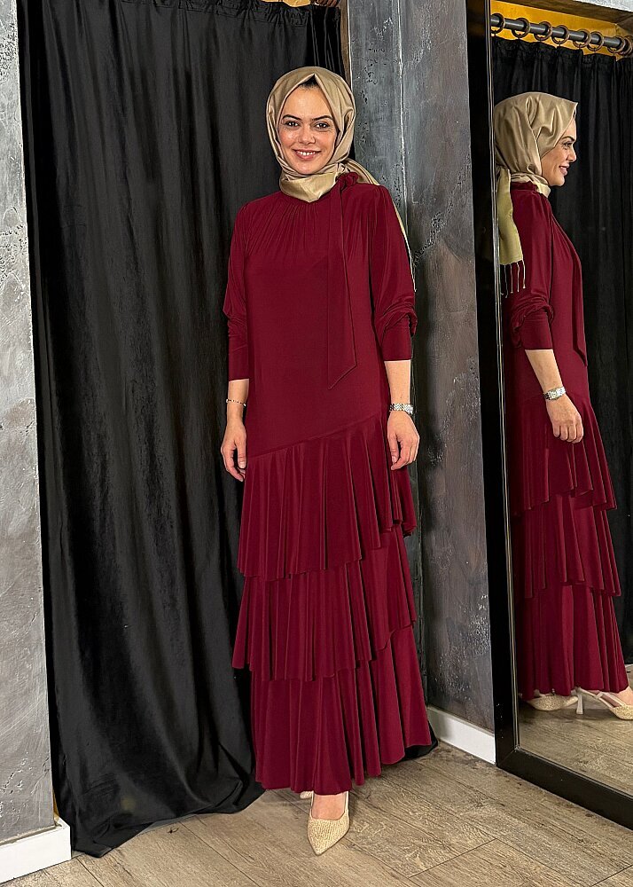 Noi Jarse Yakadan Fularlı Üç Kat Volanlı Elbise BORDO - 3