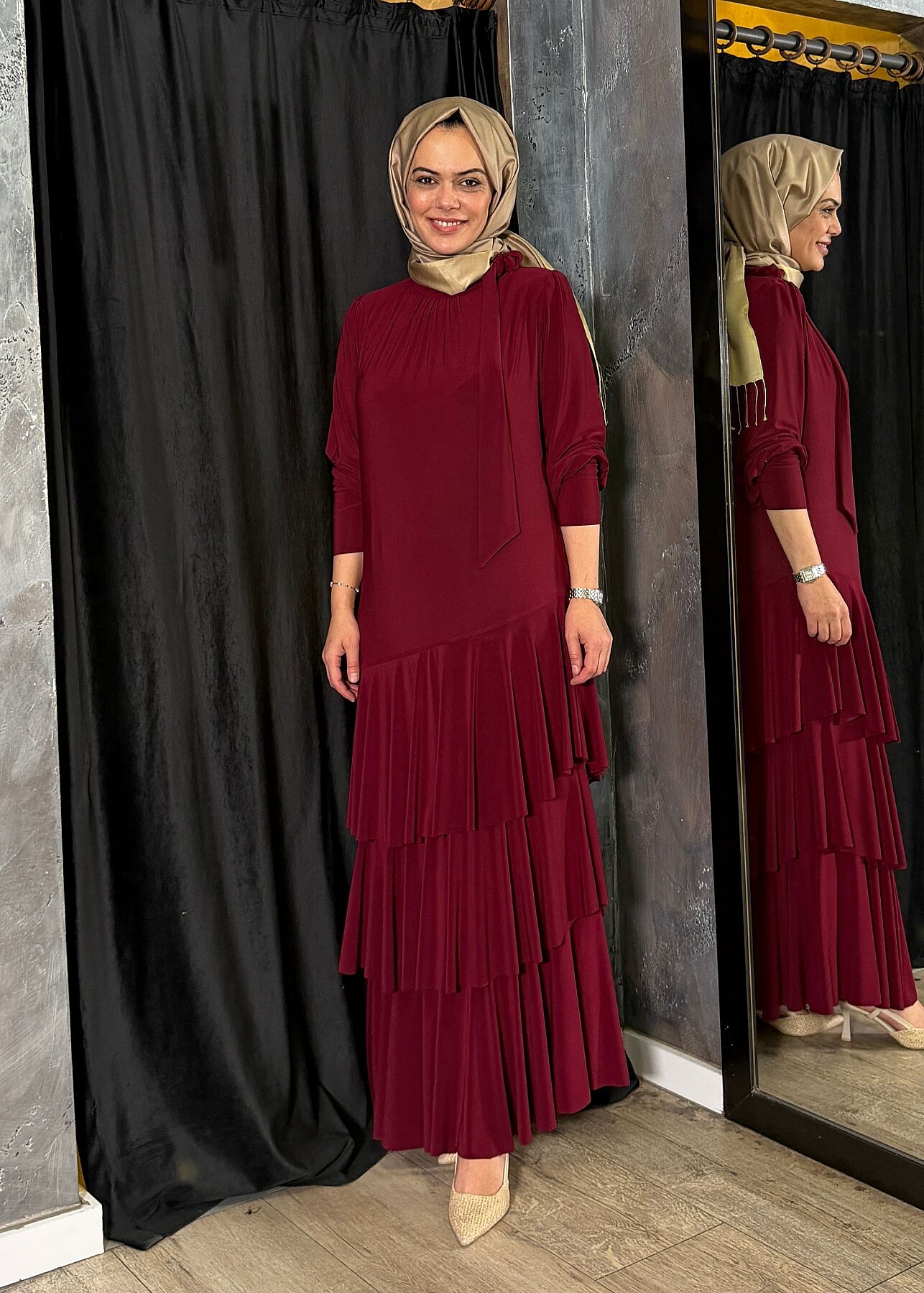 Noi Jarse Yakadan Fularlı Üç Kat Volanlı Elbise BORDO - 3