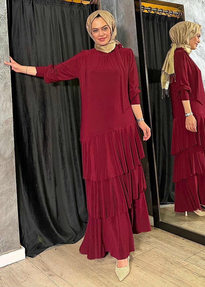 Noi Jarse Yakadan Fularlı Üç Kat Volanlı Elbise BORDO - 2