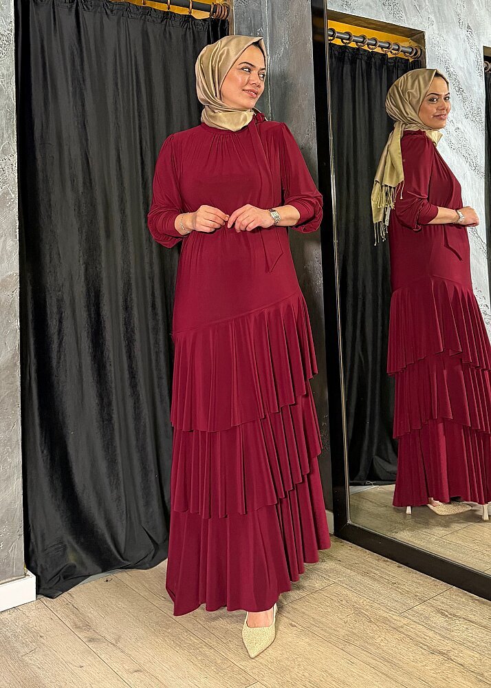 Noi Jarse Yakadan Fularlı Üç Kat Volanlı Elbise BORDO - 6
